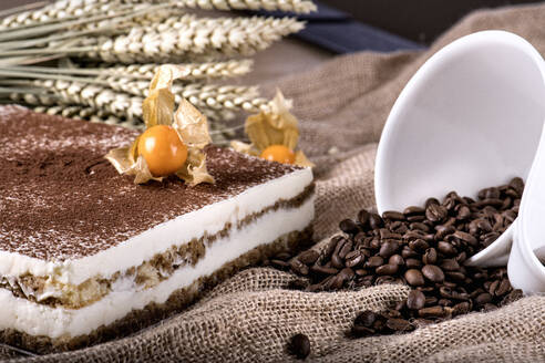 Servierte Portion des traditionellen italienischen Desserts Tiramisu mit getrockneten gemahlenen Beeren auf Leinwand mit Kaffeebohnen - ADSF12948