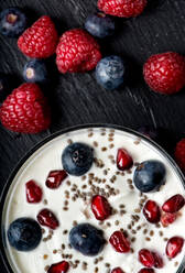 Draufsicht auf eine runde Schale mit frischem Molkerei-Joghurt mit Granatapfelkernen und Heidelbeeren mit Himbeeren - ADSF12951