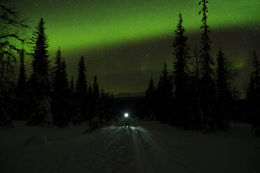 Northern lights over lone hiker standing in middle of forest road at night - LOMF01219