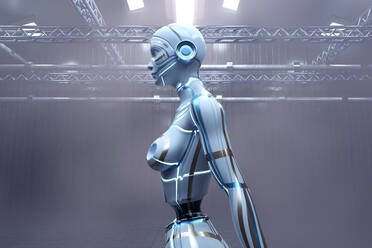 Three dimensional render of gynoid standing inside empty warehouse - SPCF00900