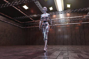 Three dimensional render of gynoid walking inside empty warehouse - SPCF00902