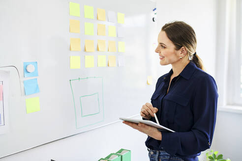 Smiling businesswoman with digital tablet looking at sticky notes stuck on whiteboard in office - BSZF01640