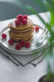 Von oben Teller mit leckeren Pfannkuchen mit Himbeeren auf Serviette neben Topfpflanze am Morgen - ADSF13100