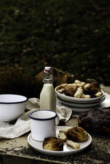 Von oben von Kuchen Gebäck und Flasche mit Milch auf dem Tisch für Picknick im Park - ADSF13122