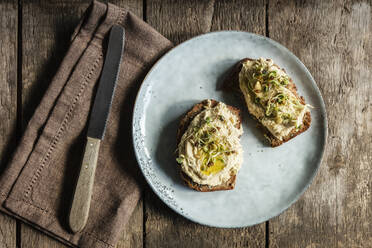 Table knife and bread slices with hummus and sprouts - EVGF03728