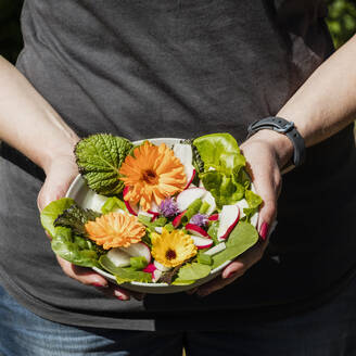 Close-up of woman holding plate with lettuce and edible flowers - EVGF03735