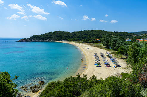 Griechenland, Sithonia, Sonnenschirme und Liegestühle am sandigen Küstenstrand im Sommer - RUNF04088