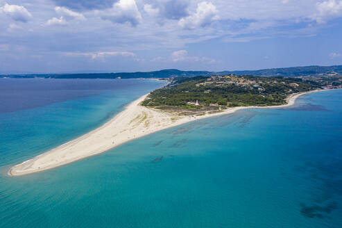 Greece, Kassandra, Aerial view of Possidi Beach in summer - RUNF04089