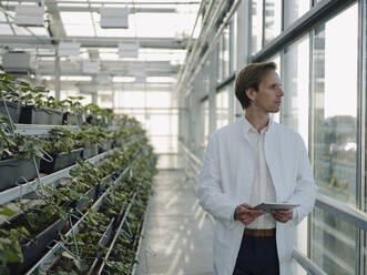 Scientist holding tablet in a greenhouse looking out of window - JOSEF01600