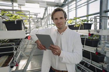 Portrait of a scientist holding tablet in a greenhouse - JOSEF01615