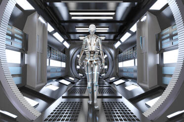 Dreidimensionales Rendering von Gynoid zu Fuß über futuristische Korridor im Inneren Raumschiff oder Raumstation - SPCF00924