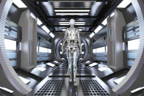 Three dimensional render of gynoid walking across futuristic corridor inside spaceship or space station - SPCF00924
