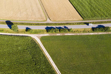 Luftaufnahme einer Landstraße, die sich im Sommer zwischen Weizen- und Maisfeldern erstreckt - WDF06256