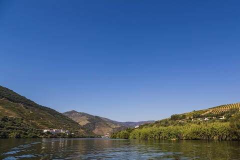 Clear blue sky over river Douro in summer stock photo