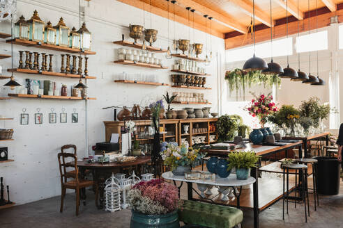 Interior of modern floral shop with various bouquets and decorative pots and vases arranged on wooden counters and shelves inside spacious pavilion - ADSF13943