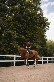 Reiterin in Uniform reitet Fuchs auf Sandplatz während Dressur an bewölktem Tag - ADSF13948