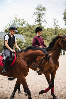 Junge zufriedene Reiterinnen beim Training auf der Koppel und beim Reiten von Kastanienpferden in der Dressur - ADSF13951