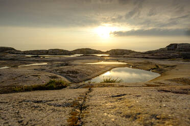 Schweden, Landkreis Vastra Gotaland, Grebbestad, Felsenlandschaft im Tjurpannans Naturreservat bei Sonnenuntergang - LBF03193