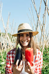Zufriedene Gärtnerin mit Strohhut und kariertem Hemd, die reife rote Paprika und Auberginen hält, während sie in der Nähe von Tomatensträuchern und Holzstöcken unter blauem Himmel steht und in die Kamera schaut - ADSF14181
