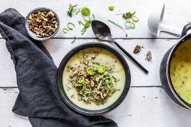 Bowl of vegetarian leek soup with cheese and roasted walnuts - SARF04623