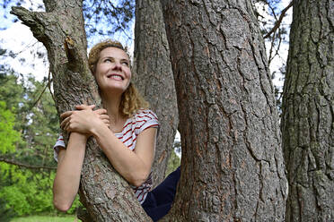 Nachdenkliche Frau, die sich umarmt, während sie auf einem Baum im Wald sitzt - ECPF01043