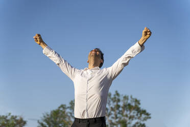Successful businessman with arms raised standing against clear blue sky - AFVF07163