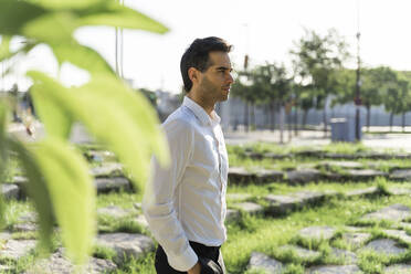 Thoughtful businessman looking away while standing in park during sunny day - AFVF07174