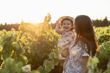 Mother holding her daughter in a vineyard at sunset in Provence, France - GEMF04121