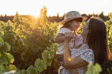 Mutter und kleine Tochter in einem Weinberg bei Sonnenuntergang in der Provence, Frankreich - GEMF04122