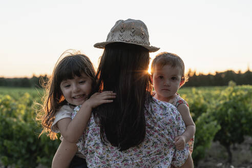 Mutter und kleine Töchter in einem Weinberg bei Sonnenuntergang in der Provence, Frankreich - GEMF04125