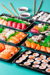 Appetizing delicious colorful sushi served table in restaurant - ADSF14206