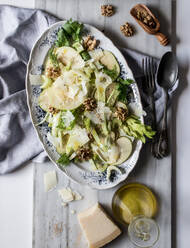 From above dish with delicious salad made of apples, parmesan cheese, walnuts, celery and oil on white background - ADSF14307