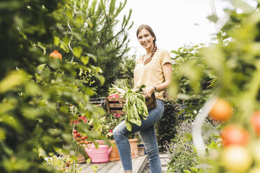 Smiling beautiful woman carrying crate while working in vegetable garden - UUF21013