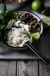 Served Pho soup with noodles on marble and wood board - ADSF14332