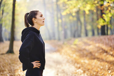 Junge Frau während einer Pause im Herbstwald - BSZF01674