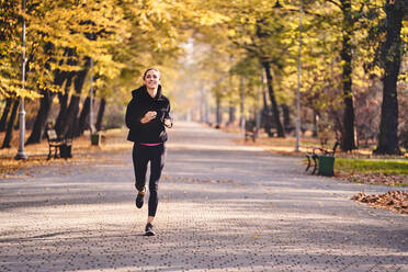 Junge Frau joggt im Herbstwald - BSZF01696