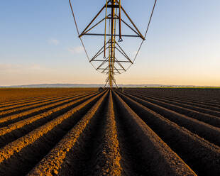 Agricultural machinery in ploughed field against sky during sunset - NOF00129