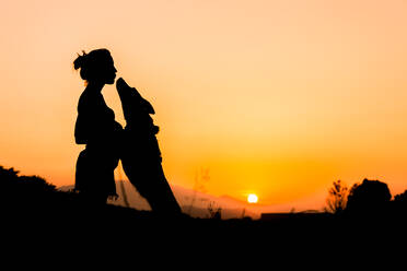 Silhouette einer Frau, die einen großen Hund in wilder Natur auf einem Hintergrund mit orangefarbener untergehender Sonne trainiert. Der Hund springt hoch für ein Leckerli - ADSF14569