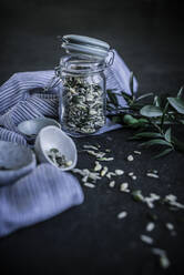 Glass bank with cap with different seeds cloth and plate with scattered seeds on dark table - ADSF14689