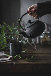 Runde schwarze Teekanne in der Hand einer Person, die Kamillentee in einen schwarzen Becher auf einem Holztisch mit grünen Blättern gießt - ADSF14700