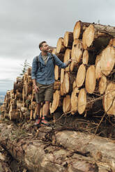 Mittlerer erwachsener männlicher Wanderer steht auf einem Baumstamm am Holzstapel gegen den Himmel im Wald - BOYF01550