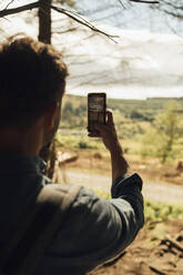 Mittlerer erwachsener Mann, der mit seinem Smartphone im Wald die Landschaft fotografiert - BOYF01569