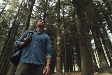 Mid adult man contemplating while standing against trees in forest - BOYF01575