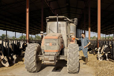 Farmer standing by tractor in cows cattle - VEGF02861