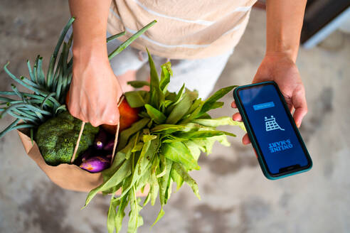 From above of anonymous female standing with paper bag with ripe fruits and vegetables delivered through app for online shopping - ADSF15000