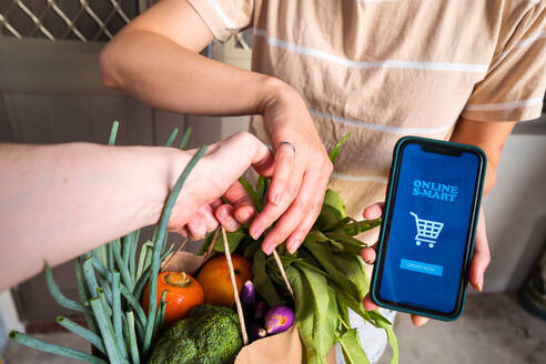 Unrecognizable female with smartphone with mobile app for online shopping taking fresh groceries from delivery man - ADSF15002