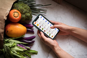 Von oben gesichtslose Frau am Tisch mit Papiertüte mit frischen Lebensmitteln, die Lebensmittel auswählt und online über eine App auf dem Smartphone einkauft - ADSF15007