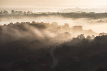 Drohnenansicht eines endlosen, hügeligen Geländes mit grünen Bäumen unter Wolken und Nebel in Toledo - ADSF15063