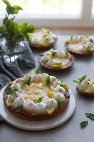 Set of yummy homemade lemon tarts with meringue decorated with fresh green mint leaves and sprinkled with cinnamon powder stock photo