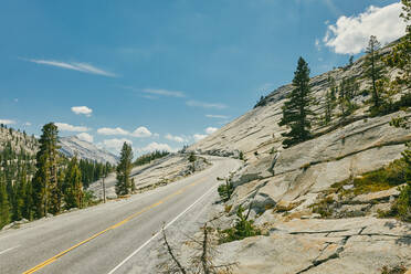 Kurvenreiche, leere Landstraße im Yosmite-Nationalpark in Nordkalifornien. - CAVF88733